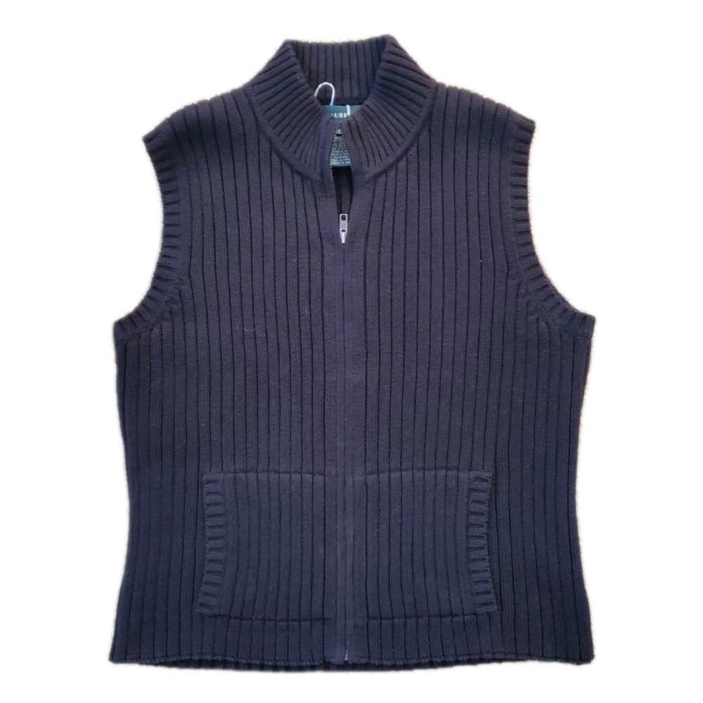 LAUREN RALPH LAUREN Ribbed Mock Neck Full Zip Vest Pockets L